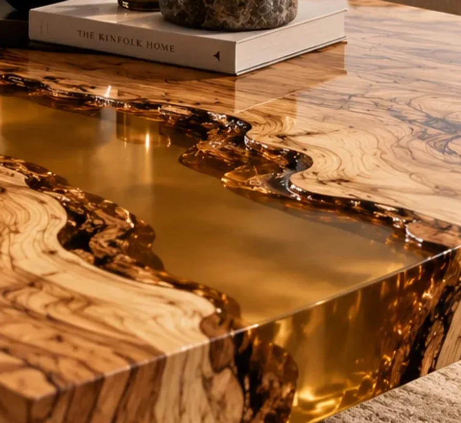 Gros plan sur le chant d'une table : bois d'olivier et rivière de résine