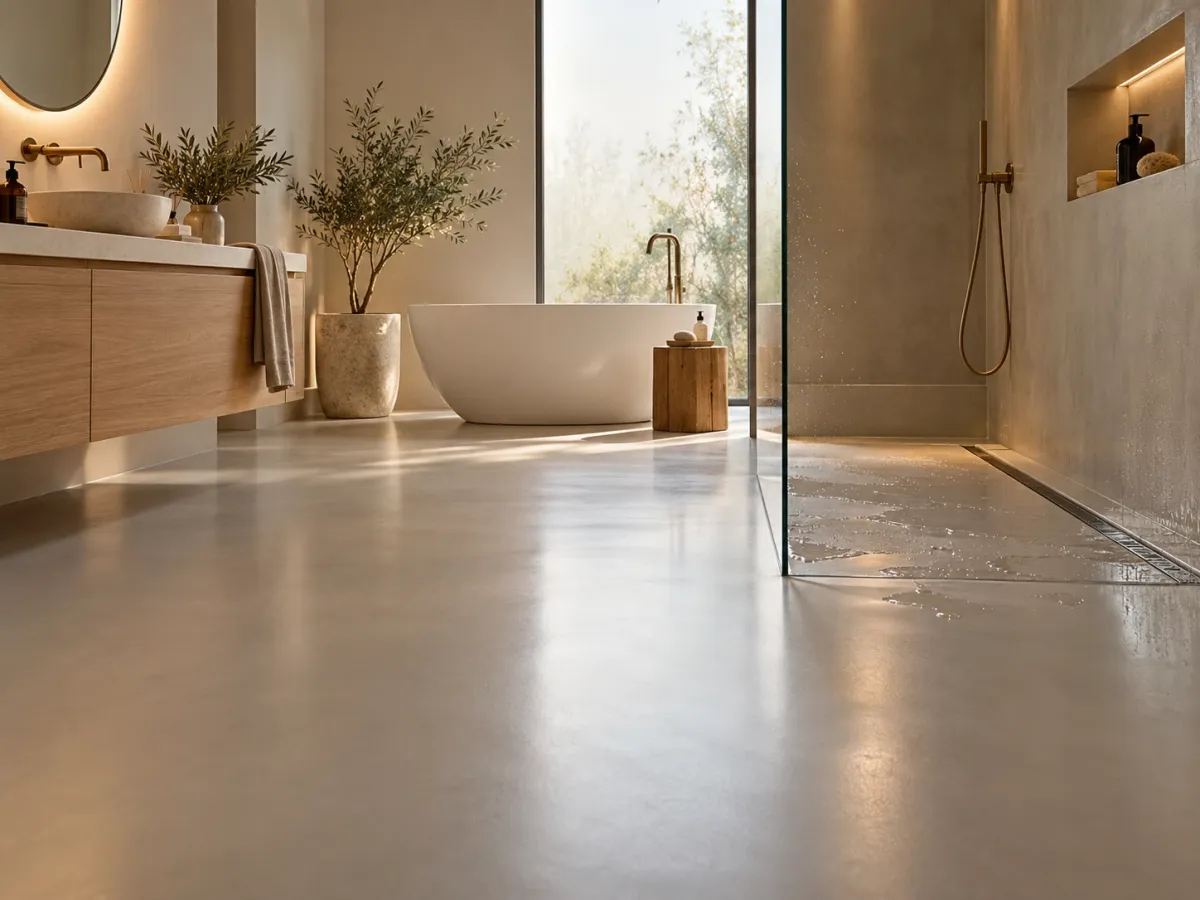 Salle de bain avec sol en époxy continu jusque dans la douche à l’italienne