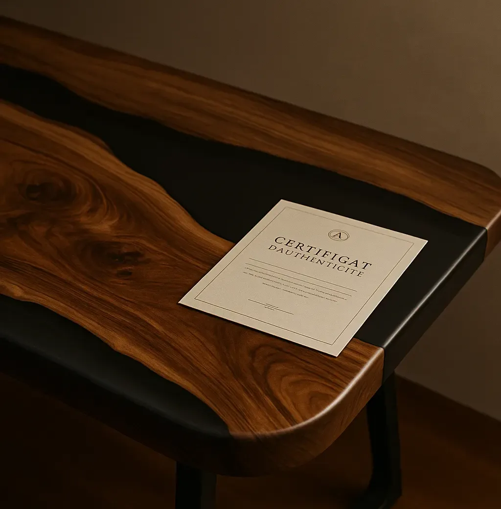 Certificat d'authenticité Belart posé sur une table en bois et résine