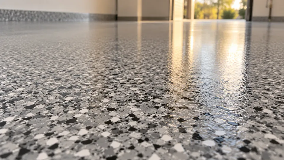 Sol en époxy flakes gris dans un garage