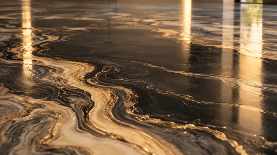 Sol en époxy effet rivière noir veiné de beige et d’or